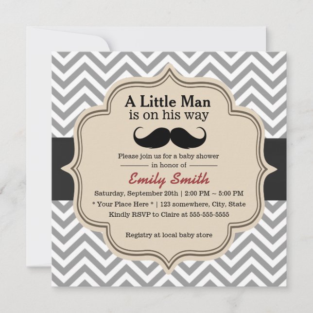 Classy Chevron Moustache Little Man Baby Shower Invitation (Front)