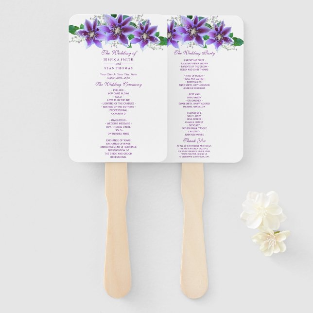 Classy Chic Clematis Wedding Program Hand Fan (Front and Back)