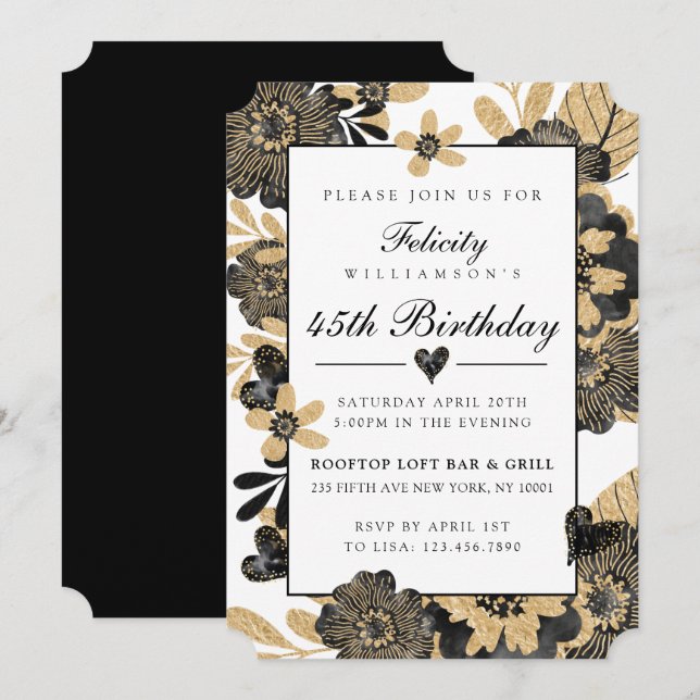 Classy Chic Floral Black Gold Birthday Invitation (Front/Back)
