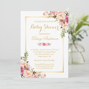 Classy Chic Floral Golden Frame Baby Shower Invitation