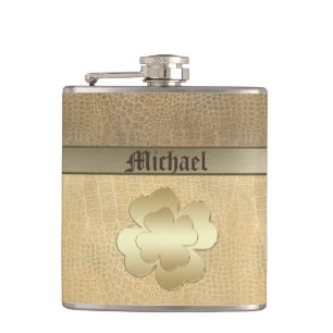 Classy chic golden lucky shamrock leather look hip flask