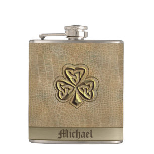Classy chic golden lucky shamrock leather look hip flask
