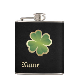 Classy chic golden lucky shamrock leather look hip flask