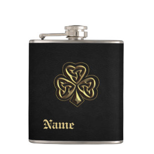 Classy chic golden lucky shamrock leather look hip hip flask