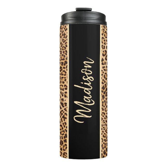 Classy Chic Leopard Print Black Brown Personalised Thermal Tumbler (Front)