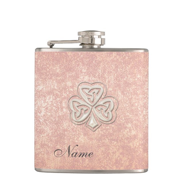 Classy chic pearl lucky shamrock personalised hip flask (Front)