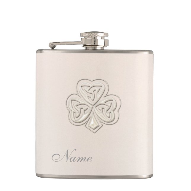 Classy chic pearl lucky shamrock personalised hip flask (Front)