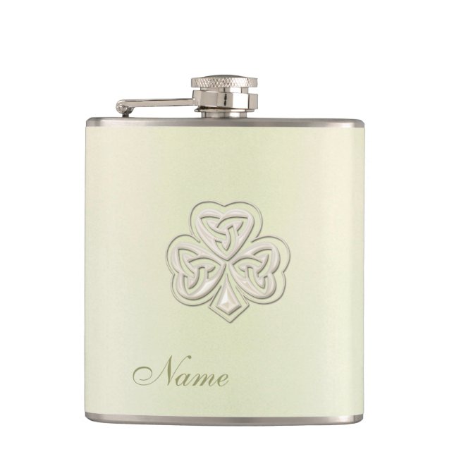 Classy chic pearl lucky shamrock personalised hip flask (Front)