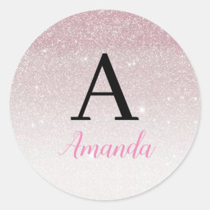 Classy Chic Pink Glitter Monogram Name + Initial Classic Round Sticker