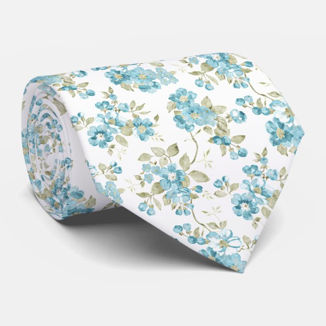 Classy Chic Sage Green Aqua Turquoise Floral Art Tie (Rolled)