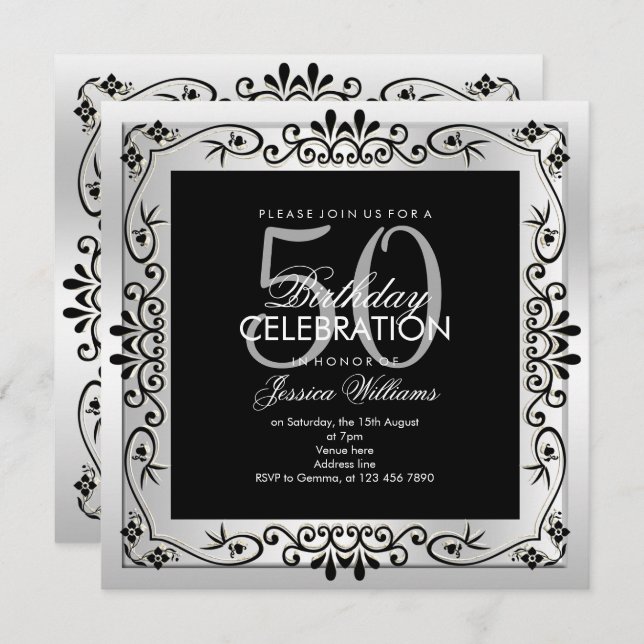 Classy Chic Silver Decorative Framed 50th Birthday Invitation (Front/Back)