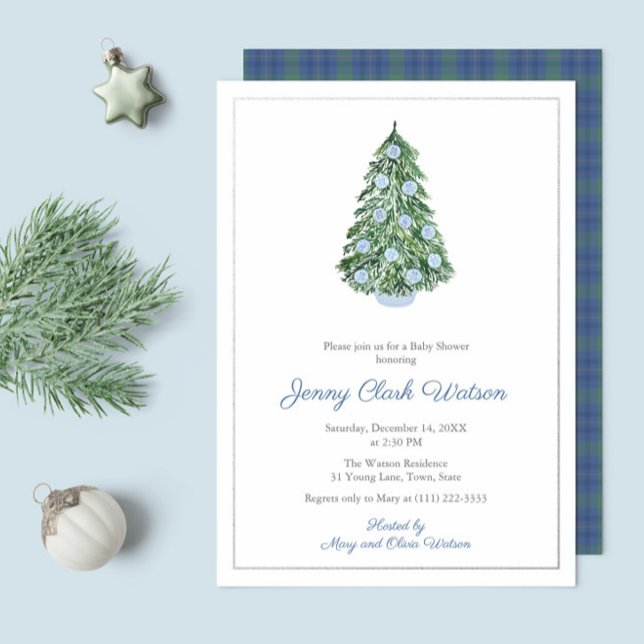 Classy Chinoiserie Christmas Baby Shower For Boy (Blue & White Chinoiserie Christmas baby shower invitations with silver foil and tartan reverse)