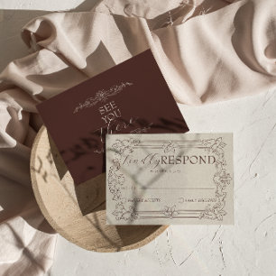 Classy Chocolate Brown Floral Old Money Wedding RSVP Card