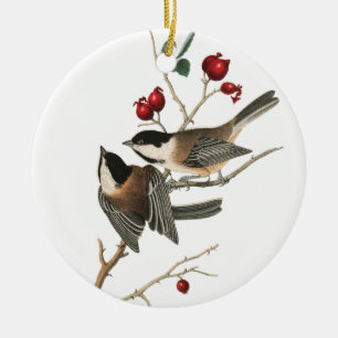 Classy Christmas Ornament White Ceramic Chickadee