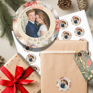 Classy Circle Our First Married Christmas Photo Classic Round Sticker