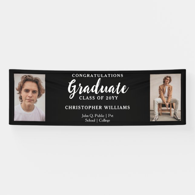 Classy Class of 2023 Script Text 2 Photo - Black Banner (Horizontal)