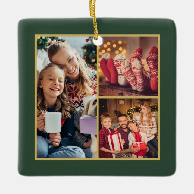 Classy Classic 3 Family Photo Collage Green Gold Ceramic Ornament (Front)