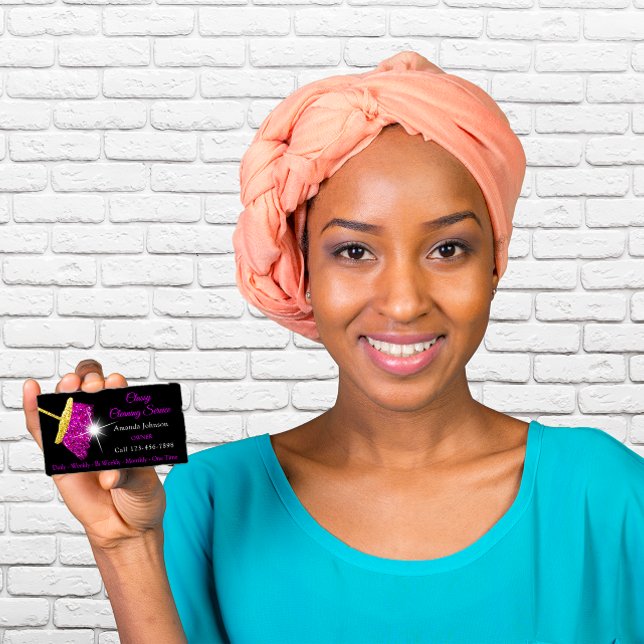 Classy Cleaning Residence Services Pink Gold Maid Business Card (Classy Cleaning Residence Services Pink Gold Maid Business Card)