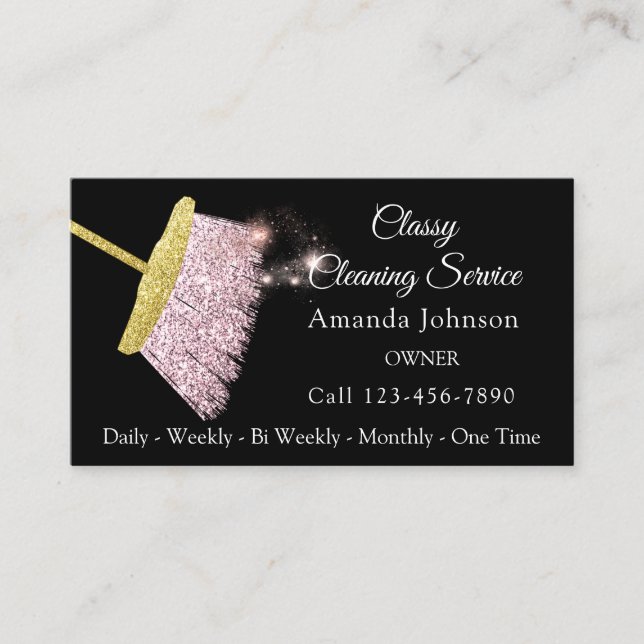 Classy Cleaning Service Elegant Gold Pink Business Card (Front)
