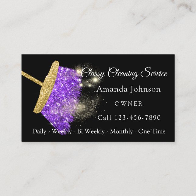 Classy Cleaning Service Elegant Sparkly Purple Business Card (Front)