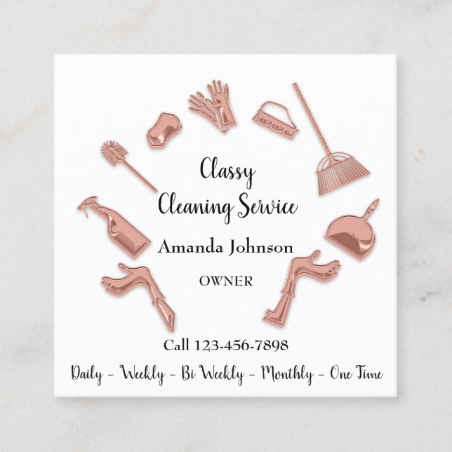 Classy Cleaning Service Gold Logo Maid House Rose Square Business Card (Front)