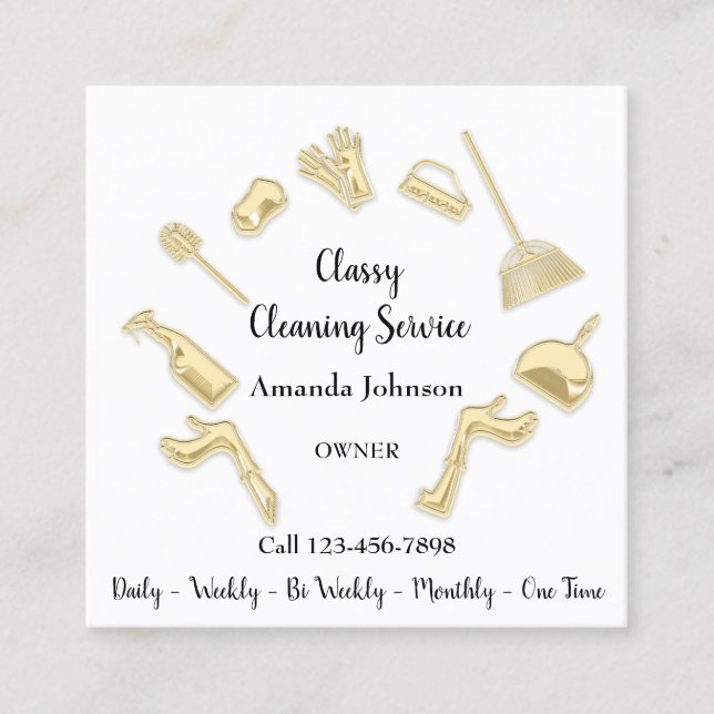 Classy Cleaning Service House Logo Maid Gold White Square Business Card (Front)