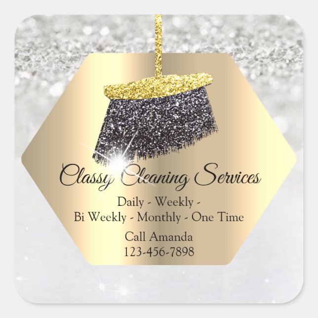 Classy Cleaning Service Maid Housekeeper Grey Gold Square Sticker (Front)
