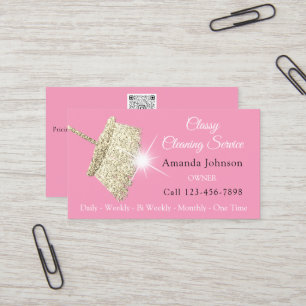 Classy Cleaning Service Maid Pink Gold QRCODE Business Card