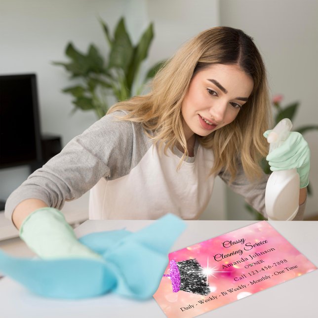 Classy Cleaning Service Maid Pink Spark Rose Business Card (Classy Cleaning Service Maid Pink Spark Rose Business Card)