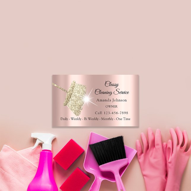 Classy Cleaning Service Maid Rose Gold Spark Business Card (Classy Cleaning Service Maid Rose Gold Spark Business Card)