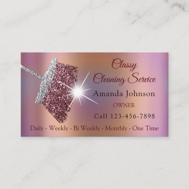 Classy Cleaning Service Maid Rose Silver Holograph Business Card (Front)