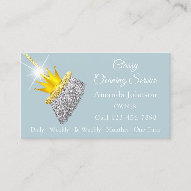 Classy Cleaning Service Maid Silver Broom Crown  Business Card (Front)