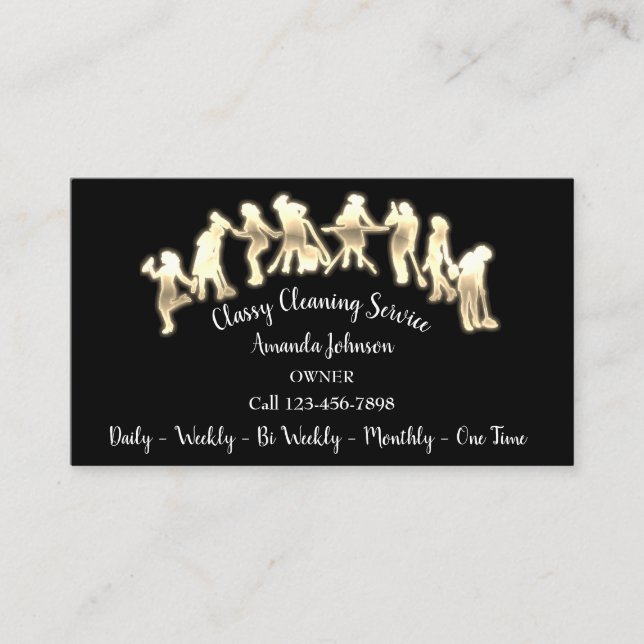 Classy Cleaning Services Gold Logo Maid Black Neon Business Card (Front)