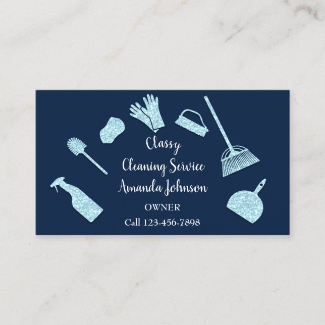 Classy Cleaning Services Gold Logo Maid Glam Blue Business Card (Front)