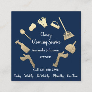 Classy Cleaning Services Gold Logo Maid House Blue Square Business Card