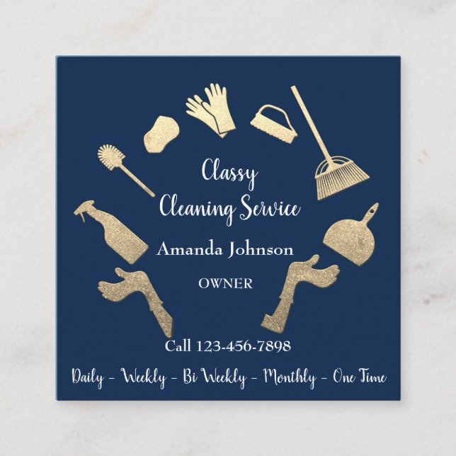 Classy Cleaning Services Gold Logo Maid House Blue Square Business Card (Front)