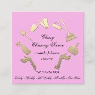 Classy Cleaning Services Gold Logo Maid House Pink Square Business Card