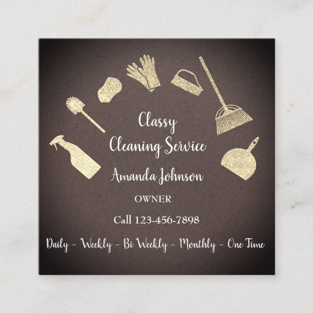Classy Cleaning Services Gold Logo Maid Kraft Brow Square Business Card (Front)