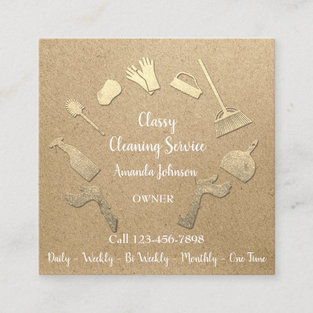 Classy Cleaning Services Gold Logo Maid Kraft Eco Square Business Card (Front)