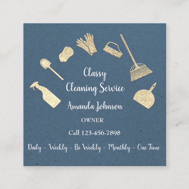 Classy Cleaning Services Gold Logo Maid Kraft Navy Square Business Card (Front)