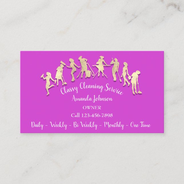 Classy Cleaning Services Gold Logo Maid Pink 3D Business Card (Front)