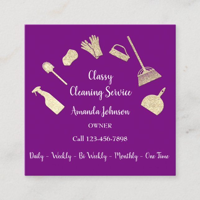 Classy Cleaning Services Gold Logo Maid Pink Berry Square Business Card (Front)