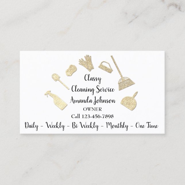 Classy Cleaning Services Gold Logo Maid White Business Card (Front)