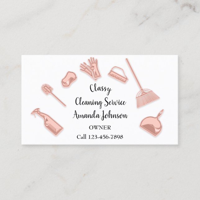 Classy Cleaning Services Gold Logo Maid White Rose Business Card (Front)