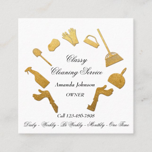 Classy Cleaning Services Golden Logo Maid House Square Business Card (Front)