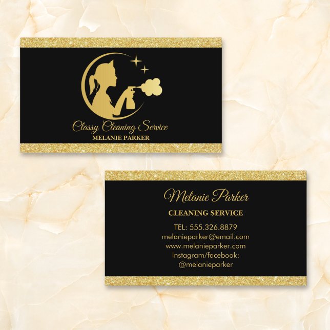 Classy Cleaning Services Logo Maid gold Business Card (Creator Uploaded)