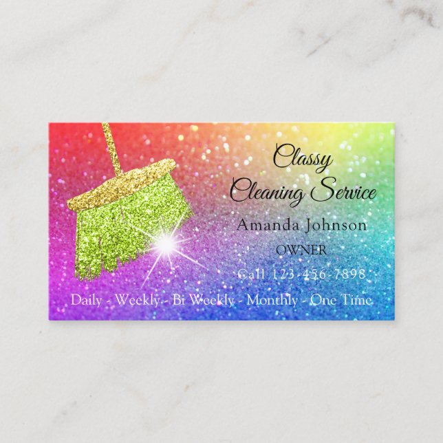 Classy Cleaning Services Rainbow Spark Glitter Business Card (Front)