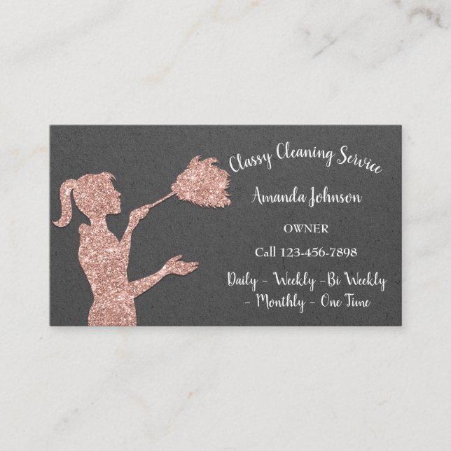 Classy Cleaning Services Rose Logo Maid Kraft Grey Business Card (Front)