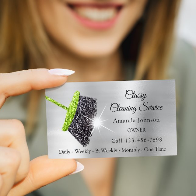 Classy Cleaning Services Silver Mint Glitter Gray Business Card (Classy Cleaning Services Silver Mint Glitter Gray Business Card)
