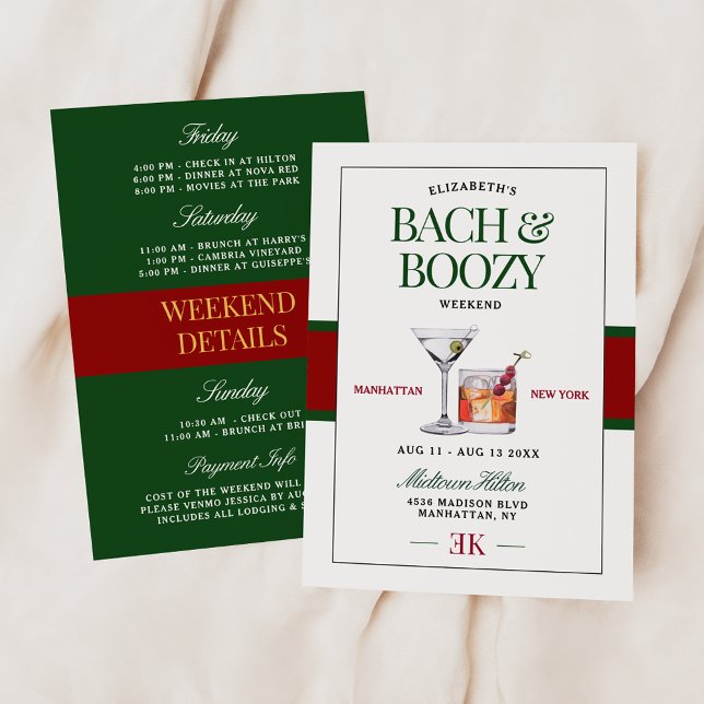 Classy Cocktail Green & Red Bach & Boozy Weekend Invitation (Creator Uploaded)